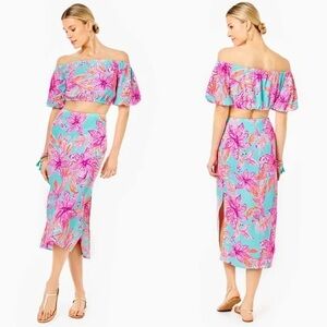 NWT Sz M Lilly Pulitzer Esmeray 2 Piece Crop Top Skirt Set in Surf Blue